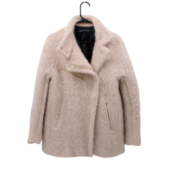 Zara Women Jackets & Blazers - Zara Women Blush Pale Pink Fuzzy Cropped Moto Jacket